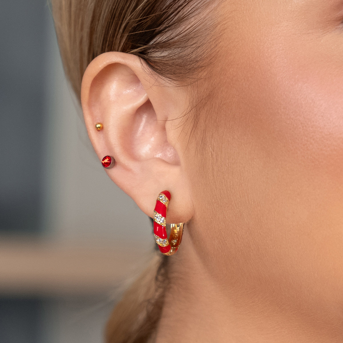 Red And Crystal Twist Gold Glated Hoop Earrings - Simply Whispers