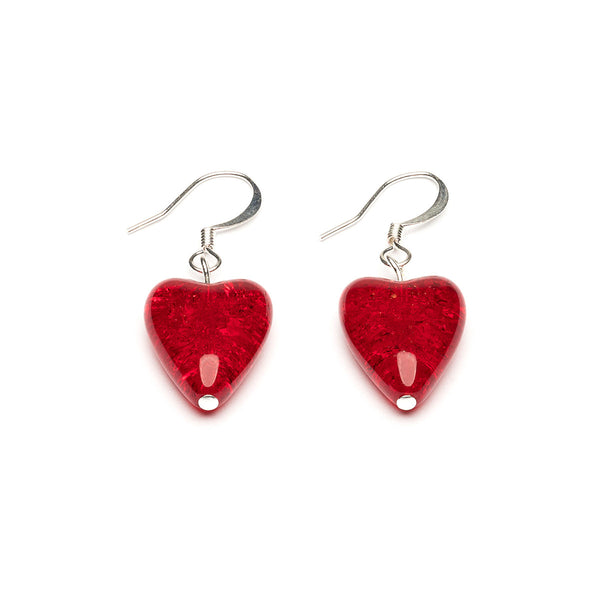 Red Crackle Glass Heart Earrings | Simply Whispers