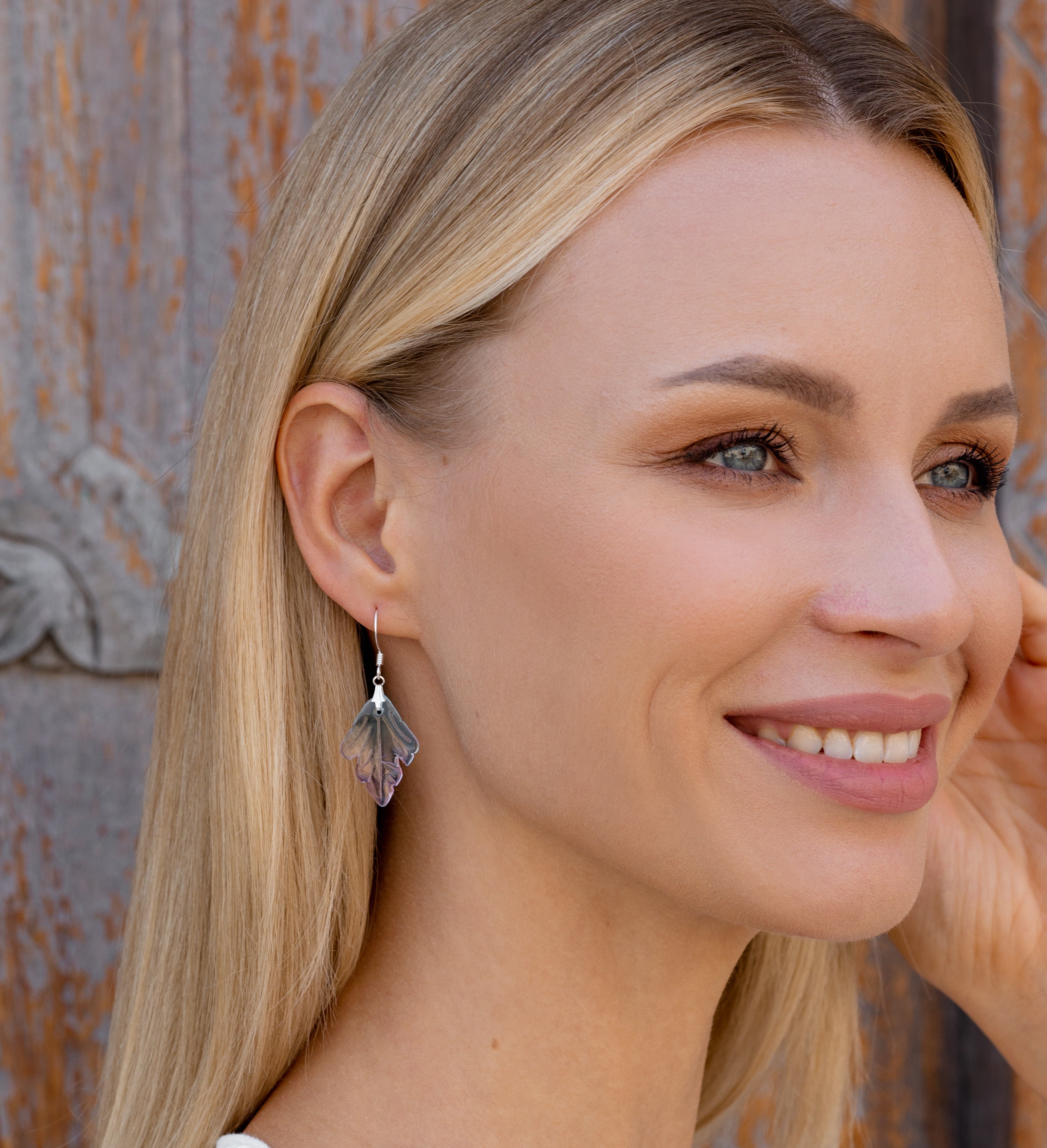 Pink and blue leaf silver plated french hook earrings - Simply Whispers